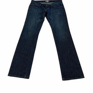 CABi Women's Straight Leg Jeans size 8 mid rise in Dark Blue slightly distressed